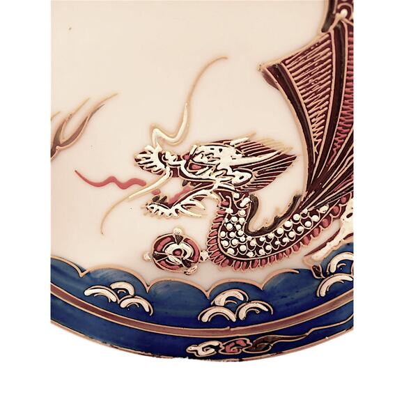 Japanese Moriage Hand Painted Dragonware 7.5" Plate Blue Band 3D Dragon & Flame - Picture 4 of 16